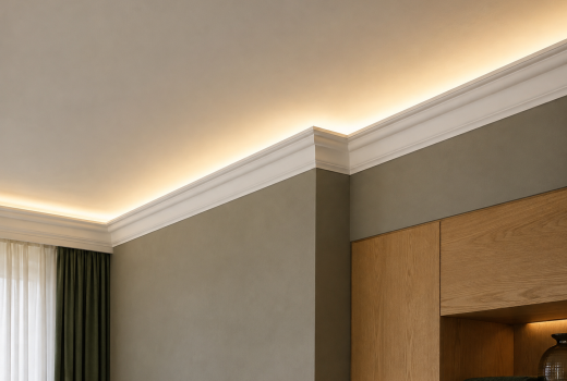 Cornișă LED pentru iluminare indirectă într-un interior elegant