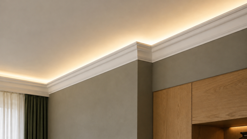 Cornișă LED pentru iluminare indirectă într-un interior elegant
